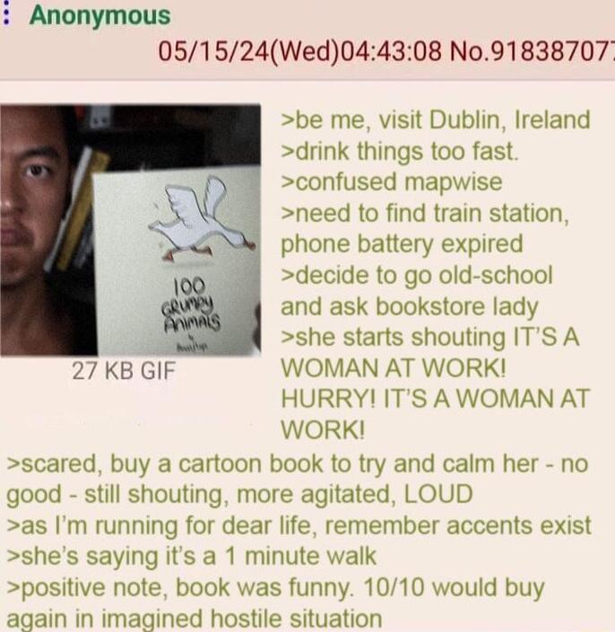 Anonymous 051524Wed044308 N091838707 be me visit Dublin Ireland drink things too fast confused mapwise need to find train station phone battery expired decide to go old school and ask bookstore lady she starts shouting ITS A 27 KB GIF WOMAN AT WORK HURRY ITS A WOMAN AT WORK scared buy a cartoon book to try and calm her no good still shouting more agitated LOUD as Im running for dear life remember 