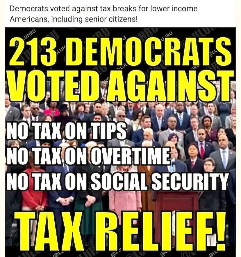 Democrats voted against tax breaks for lower income Americans, including senior citizens! 213 Democrats voted against no tax on tips, no tax on overtime, no tax on social security, tax relief!
