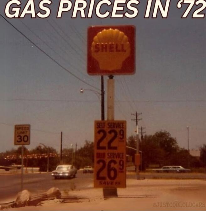 GAS PRICES IN '72
SHELL sign
SELF SERVICE 22 9
SELF SERVICE 26 9