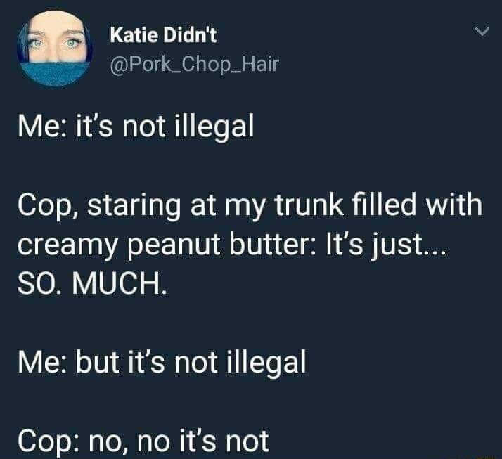 Katie Didnt 2 s Pork_Chop_Hair Me its not illegal Cop staring at my trunk filled with creamy peanut butter Its just SO MUCH Me but its not illegal Cop no no its not