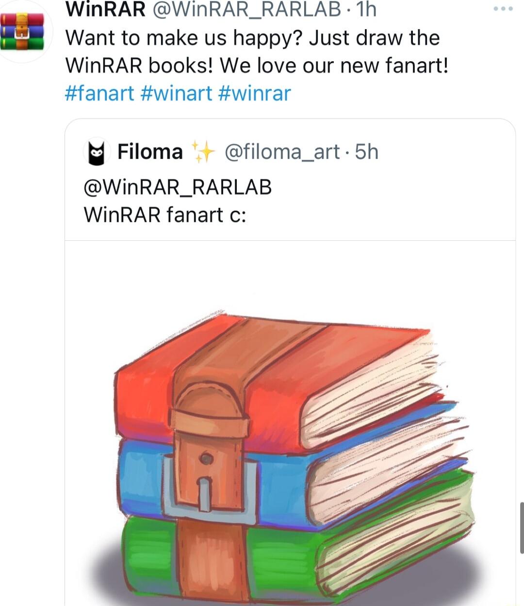 WInRAR WINnRAR_RARLAB 1h Want to make us happy Just draw the WInRAR books We love our new fanart fanart winart winrar g Filoma filoma_art 5h WInRAR_RARLAB WinRAR fanart c