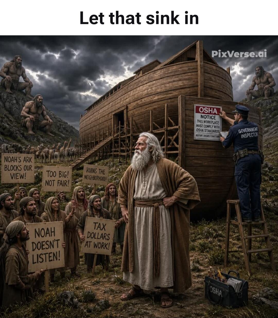 Let that sink in. PixVerse.ai. NOAH'S ARK BLOCKS OUR VIEW! TOO BIG! NOT FAIR! RUINS THE NEIGHBORHOOD! NOAH DOESN'T LISTEN! TAX DOLLARS AT WORK! OSHA NOTICE THIS WORKPLACE MUST COMPLY WITH OSHA STANDARDS REPORT UNSAFE CONDITIONS. GOVERNMENT INSPECTOR.