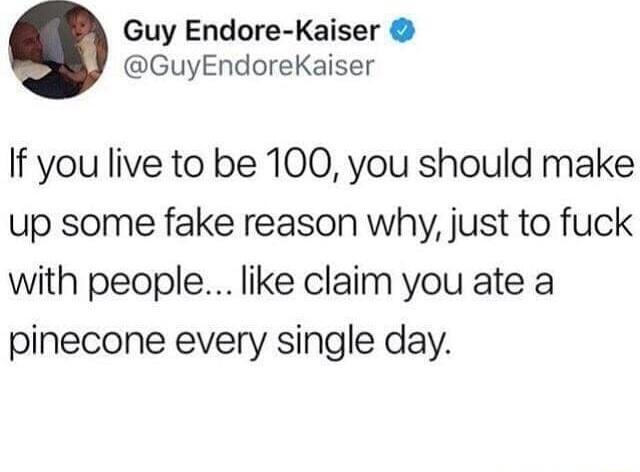 Guy Endore Kaiser GuyEndoreKaiser If you live to be 100 you should make up some fake reason why just to fuck with people like claim you ate a pinecone every single day