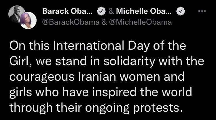 Barack Oba Michelle Ol A IEETETINOLET helleObz On this International Day of the CITIRVERS T e I Yol Ife ETa sYAW R4o1 courageous Iranian women and girls who have inspired the world through their ongoing protests