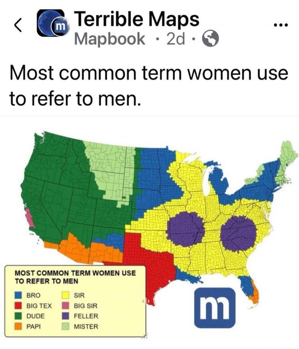 Terrible Maps Mapbook 2d Most common term women use to refer to men. MOST COMMON TERM WOMEN USE TO REFER TO MEN BRO SIR BIG TEX BIG SIR DUDE FELLER PAPI MISTER