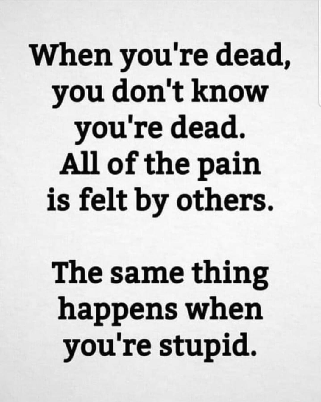When you're dead, you don't know you're dead. All of the pain is felt by others. The same thing happens when you're stupid.