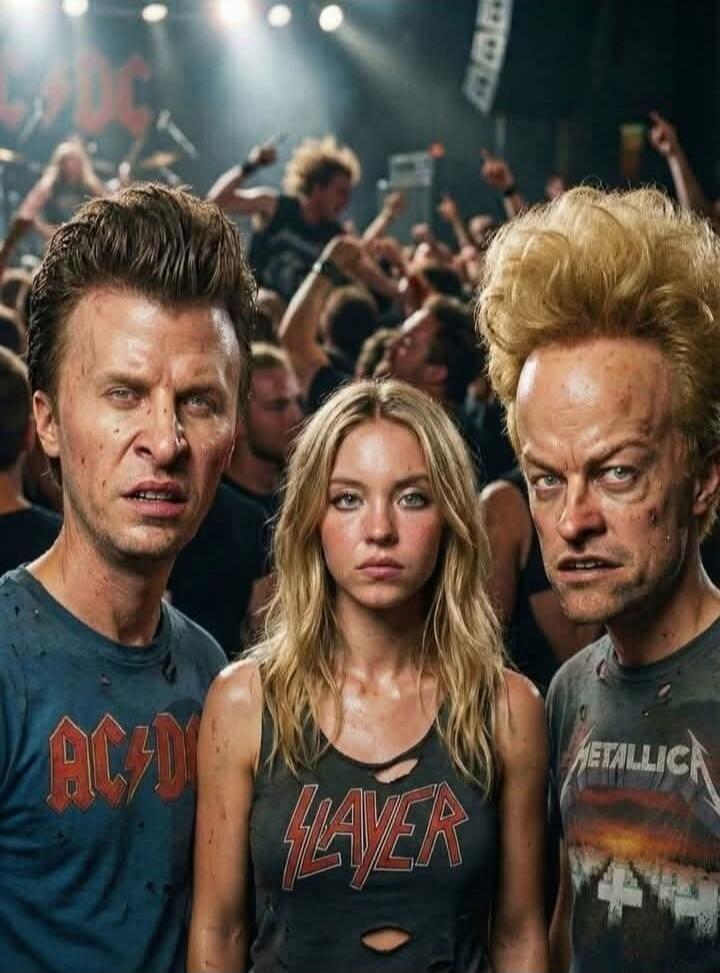 AC/DC, Slayer, Metallica logos on shirts