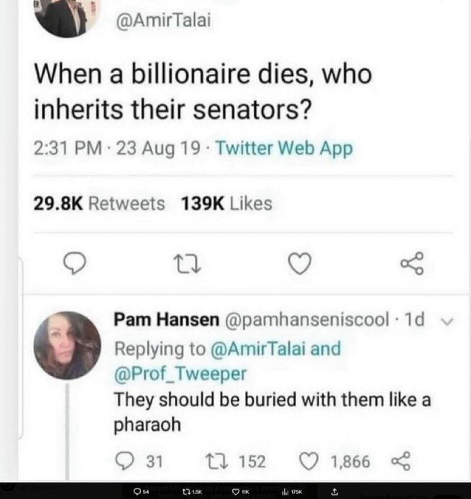 When a billionaire dies, who inherits their senators?
2:31 PM · 23 Aug 19 · Twitter Web App
29.8K Retweets 139K Likes
Pam Hansen @pamhanseniscool · 1d
They should be buried with them like a pharaoh