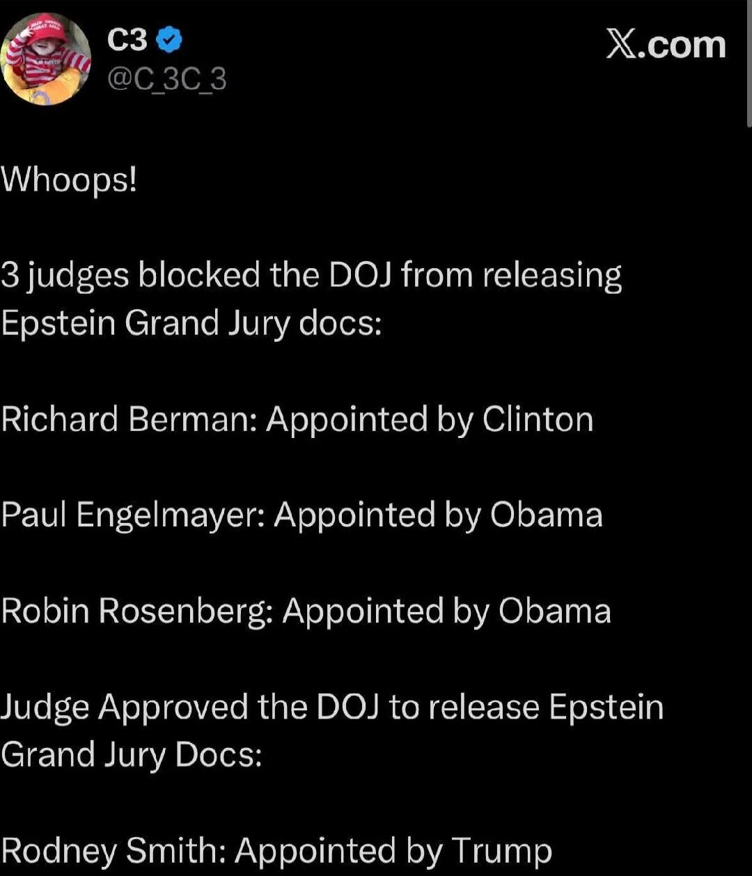 Whoops! 3 judges blocked the DOJ from releasing Epstein Grand Jury docs: Richard Berman: Appointed by Clinton Paul Engelmayer: Appointed by Obama Robin Rosenberg: Appointed by Obama Judge Approved the DOJ to release Epstein Grand Jury Docs: Rodney Smith: Appointed by Trump