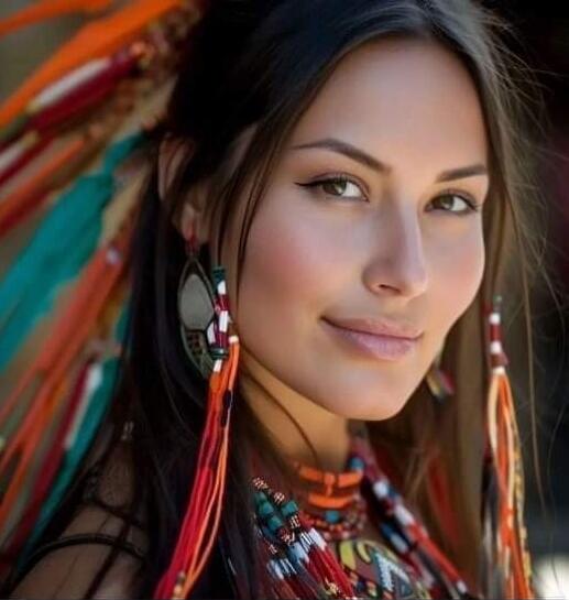 A beautiful woman with traditional Native American headdress and jewelry.