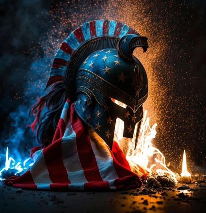 American flag-wrapped Spartan helmet artwork with flames and sparks.