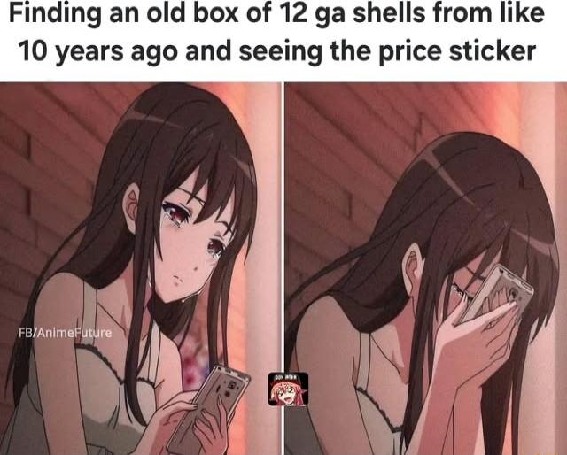 Finding an old box of 12 ga shells from like 10 years ago and seeing the price sticker IAvimer
