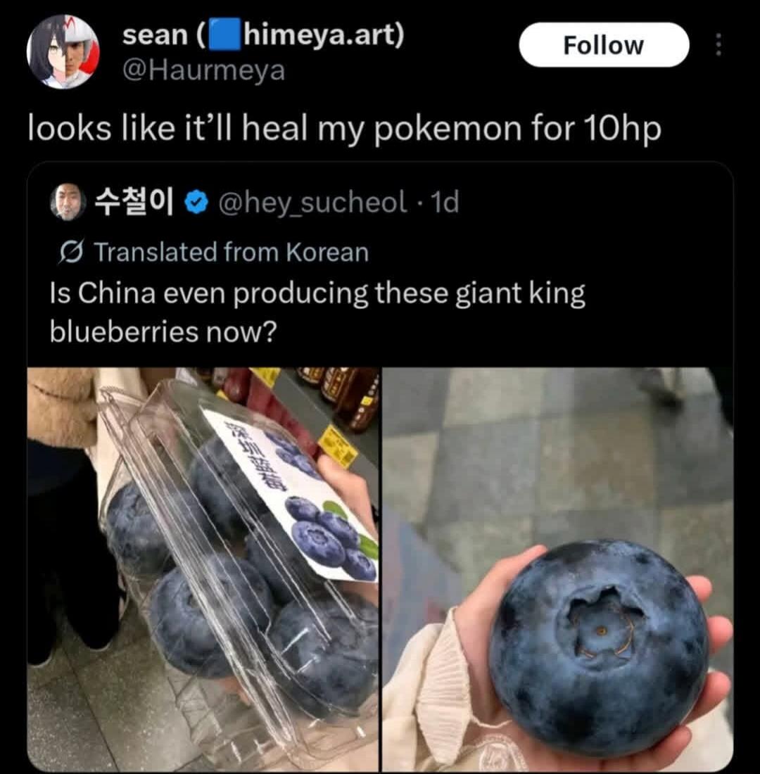 looks like it'll heal my pokemon for 10hp Is China even producing these giant king blueberries now?