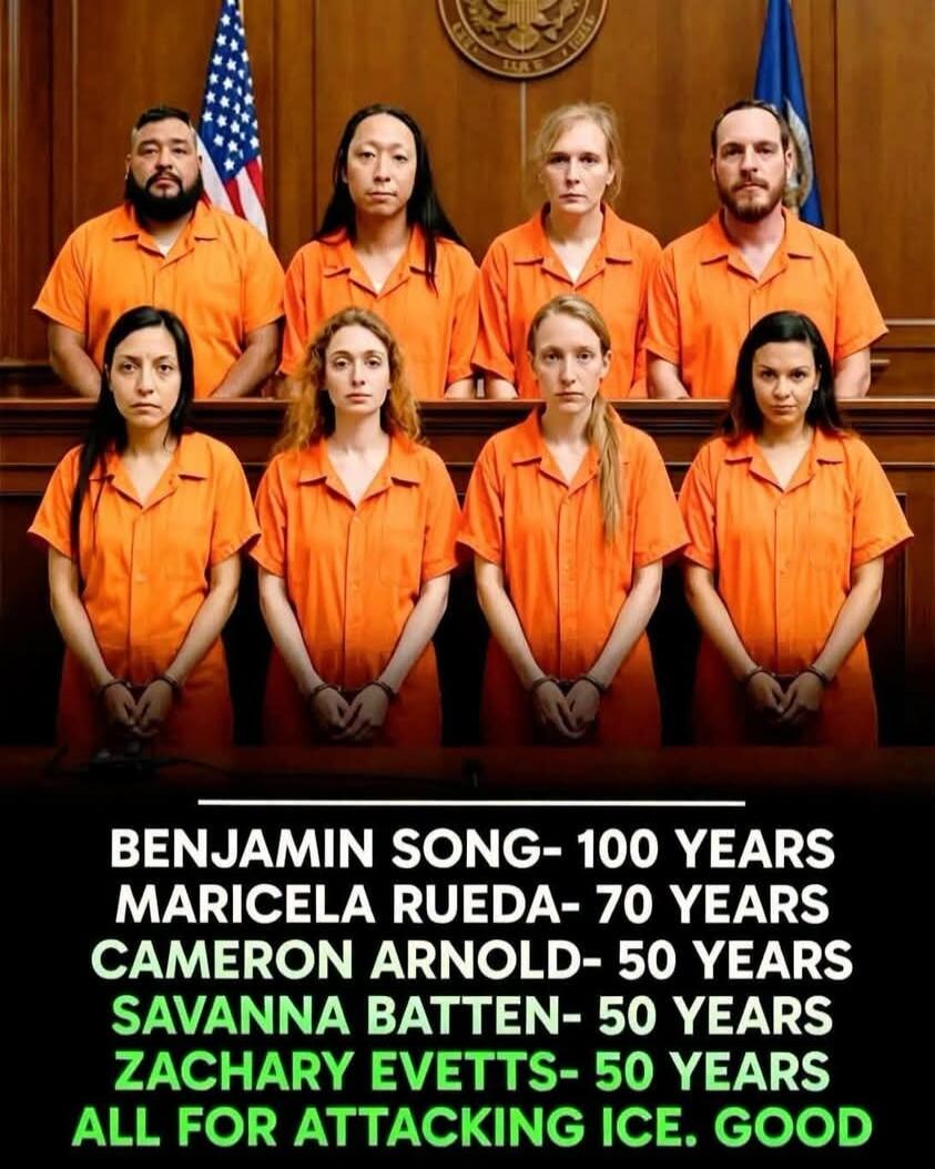 Eight individuals in orange jumpsuits are shown in what appears to be a courtroom. Their hands are cuffed. Below them, text lists names and corresponding prison sentences: Benjamin Song - 100 years, Maricela Rueda - 70 years, Cameron Arnold - 50 years, Savanna Batten - 50 years, Zachary Evetts - 50 years. The text concludes with 'All for attacking 