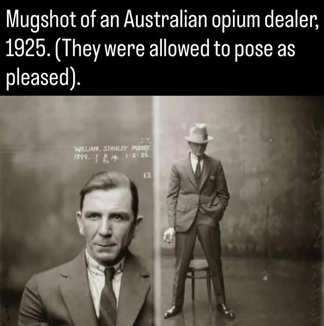 Mugshot of an Australian opium dealer, 1925. (They were allowed to pose as pleased). J.T. WILLIAM. STANLEY MOORE 1399. R 19. 1-3-25. E3