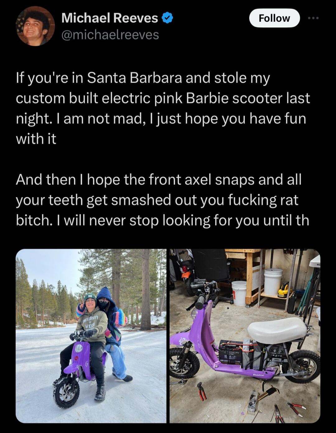 2 Michael Reeves michaelreeves If youre in Santa Barbara and stole my custom built electric pink Barbie scooter last night am not mad just hope you have fun with it And then hope the front axel snaps and all your teeth get smashed out you fucking rat bitch will never stop looking for you until th