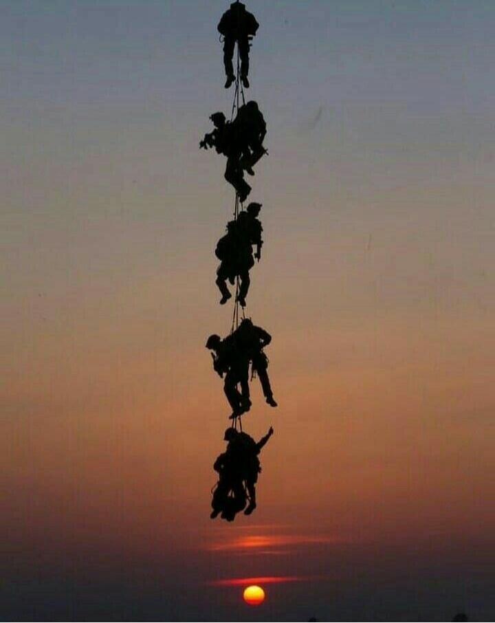 Silhouettes of several people rappelling or fast-roping against a sunset sky. They appear to be military or special forces personnel engaged in an operation.