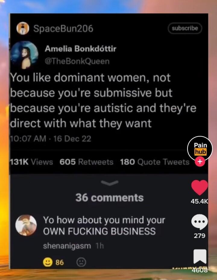 SLEREET P subscribe Amelia Bonkdttir 3TheBonkQueen ou like dominant women not because youre submissive but LI TRV TN CRTN o Ta e RU VA CHEMEVTGRV EIR GEAVEDTY AM 16 Dec 22 36 comments Yo how about you mind your OWN FUCKING BUSINESS shenanigasm 11 8 O