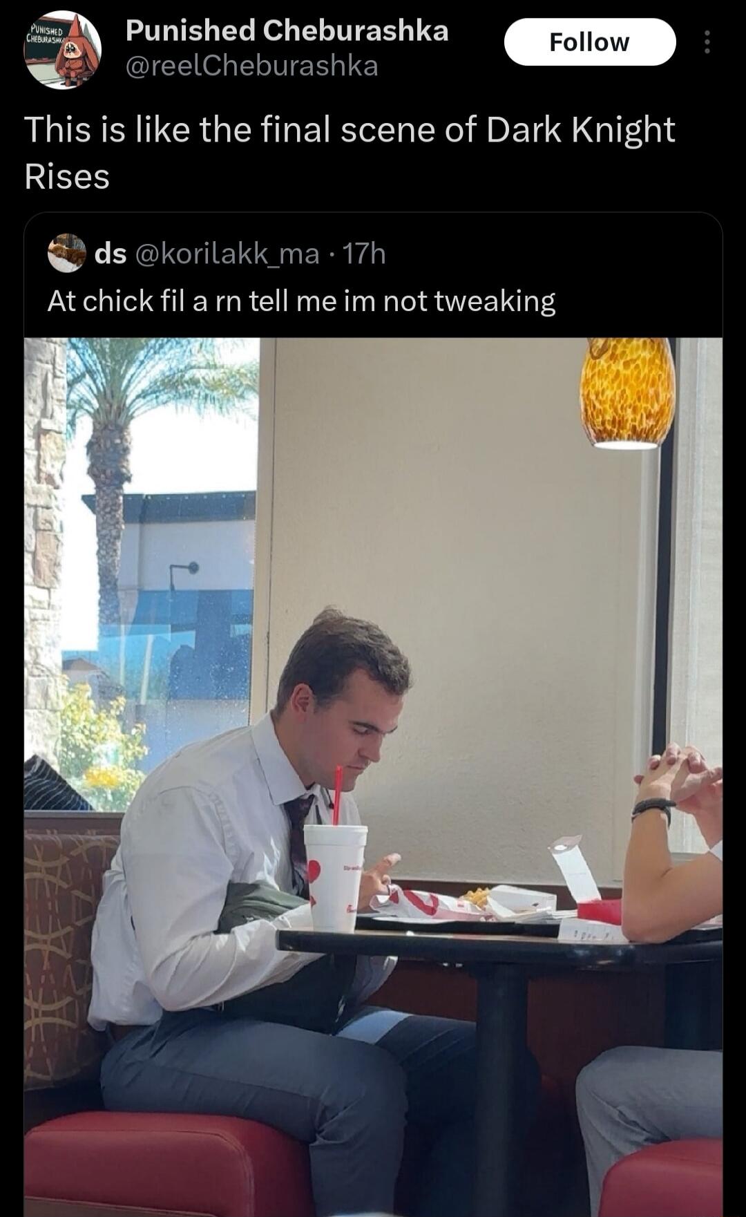 This is like the final scene of Dark Knight Rises
At chick fil a rn tell me im not tweaking