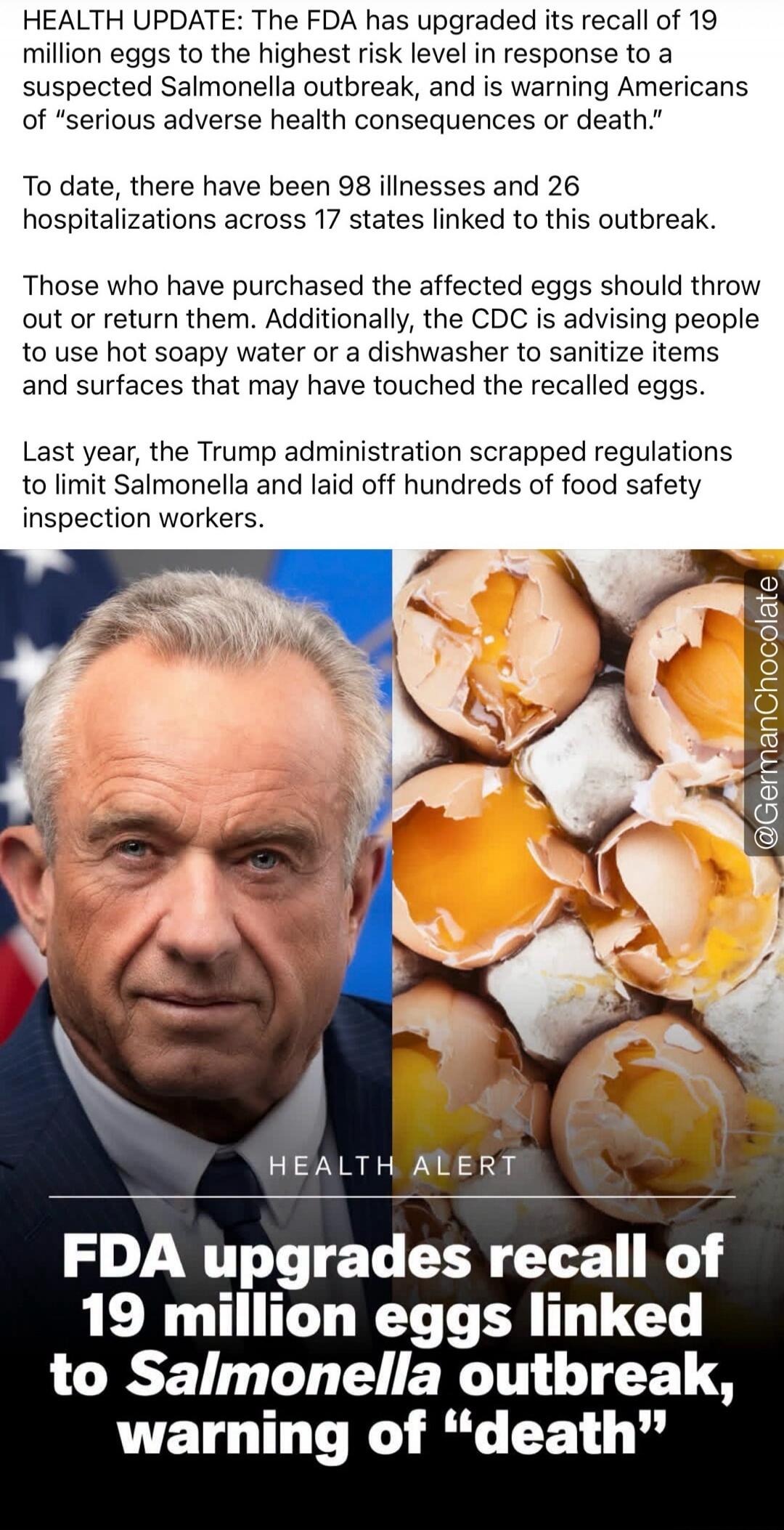 HEALTH UPDATE: The FDA has upgraded its recall of 19 million eggs to the highest risk level in response to a suspected Salmonella outbreak, and is warning Americans of 