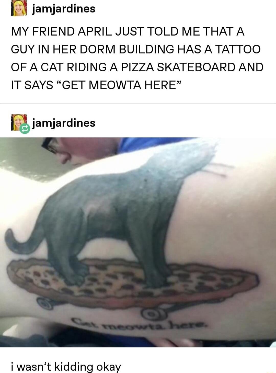 m jamjardines MY FRIEND APRIL JUST TOLD ME THAT A GUY IN HER DORM BUILDING HAS A TATTOO OF A CAT RIDING A PIZZA SKATEBOARD AND IT SAYS GET MEOWTA HERE jamjardines i wasnt kidding okay