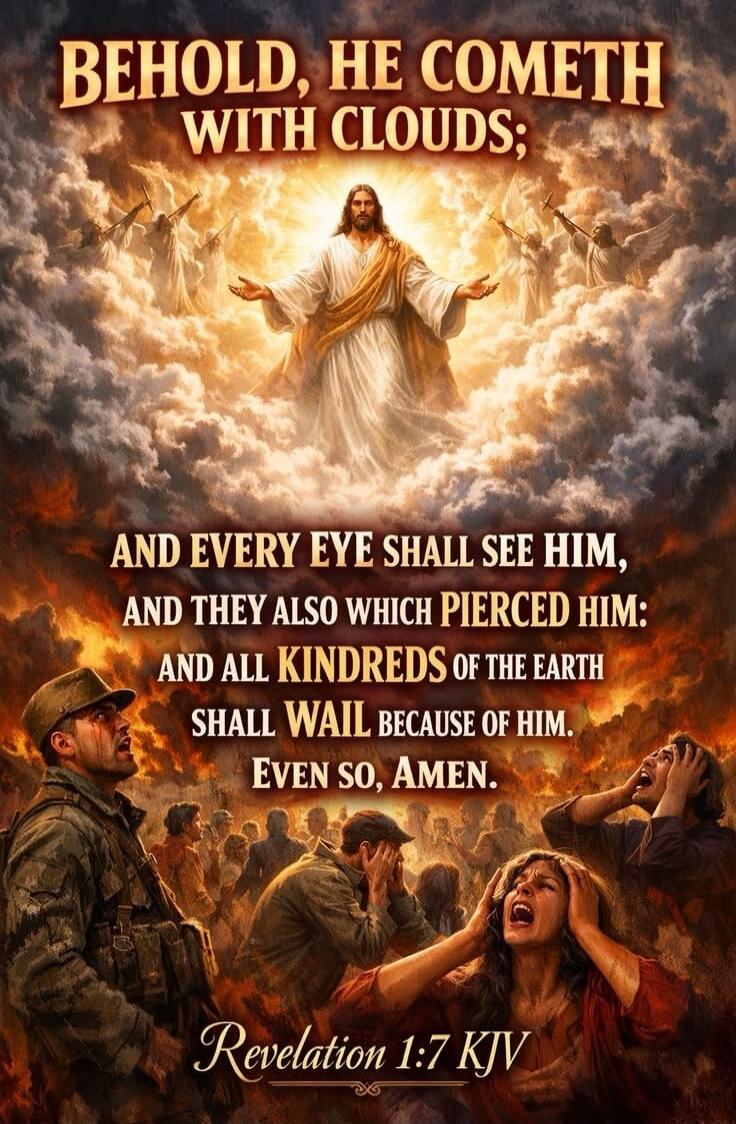 BEHOLD, HE COMETH WITH CLOUDS; AND EVERY EYE SHALL SEE HIM, AND THEY ALSO WHICH PIERCED HIM: AND ALL KINDREDS OF THE EARTH SHALL WAIL BECAUSE OF HIM. EVEN SO, AMEN. Revelation 1:7 KJV