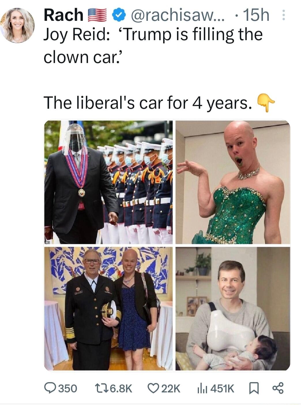 f Rach rachisaw 15h 4 Joy Reid Trump s filling the clown car The liberals car for 4 years Q350 168K Q22K 45K