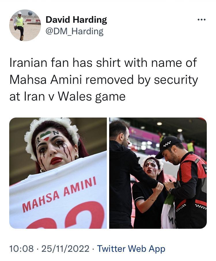 42 David Harding 1 DM_Harding Iranian fan has shirt with name of Mahsa Amini removed by security at Iran v Wales game 1008 25112022 Twitter Web App