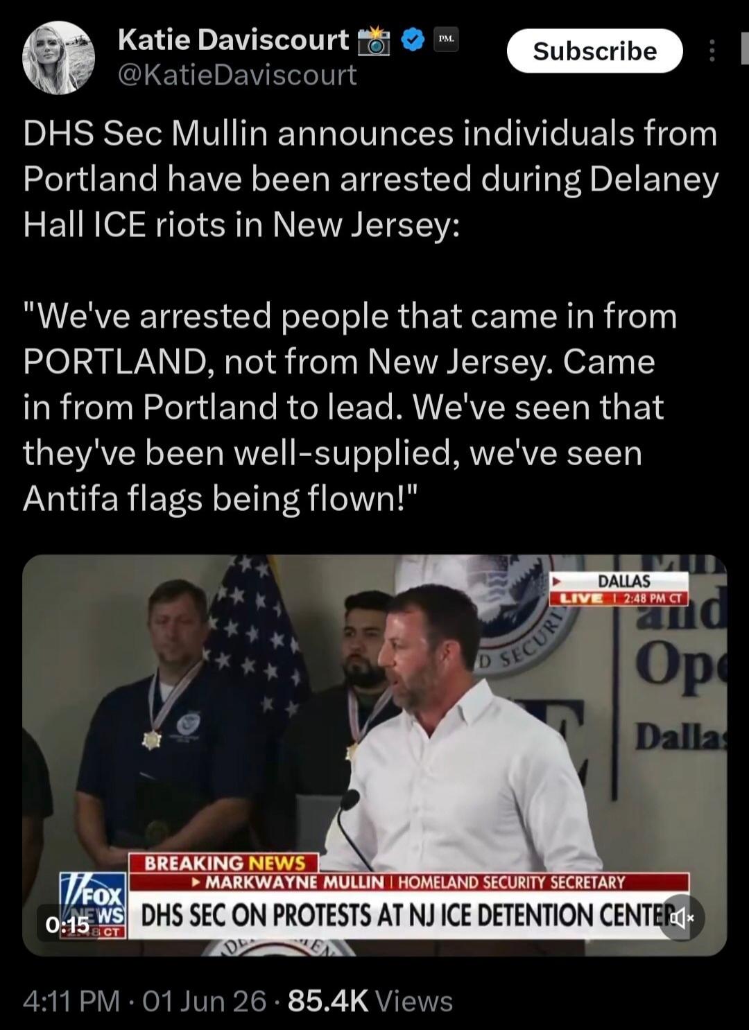 DHS Sec Mullin announces individuals from Portland have been arrested during Delaney Hall ICE riots in New Jersey: 