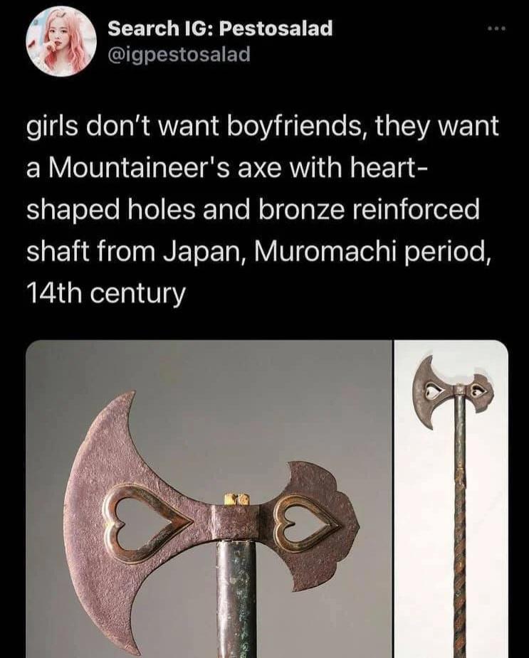 Search IG Pestosalad igpestosalad girls dont want boyfriends they want ERVCTET TS VERWI N T e shaped holes and bronze reinforced shaft from Japan Muromachi period 14th century