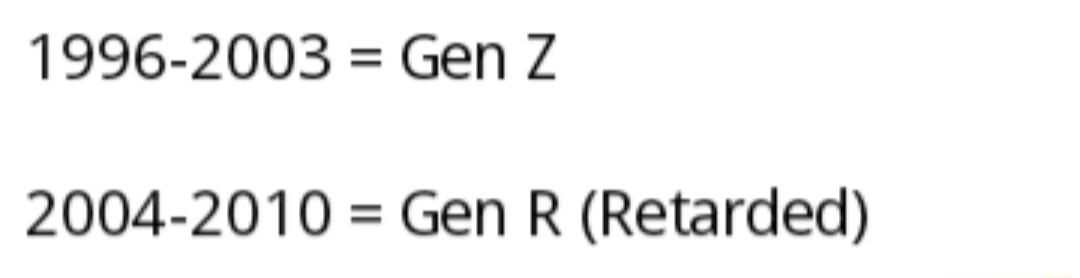 1996 2003 Gen Z 2004 2010 Gen R Retarded