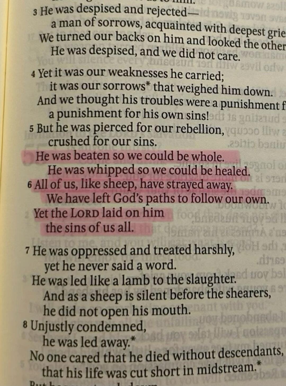 3 He was despised and rejected— a man of sorrows, acquainted with deepest grief. We turned our backs on him and looked the other way. He was despised, and we did not care. 4 Yet it was our weaknesses he carried; it was our sorrows* that weighed him down. And we thought his troubles were a punishment for his own sins! 5 But he was pierced for our re