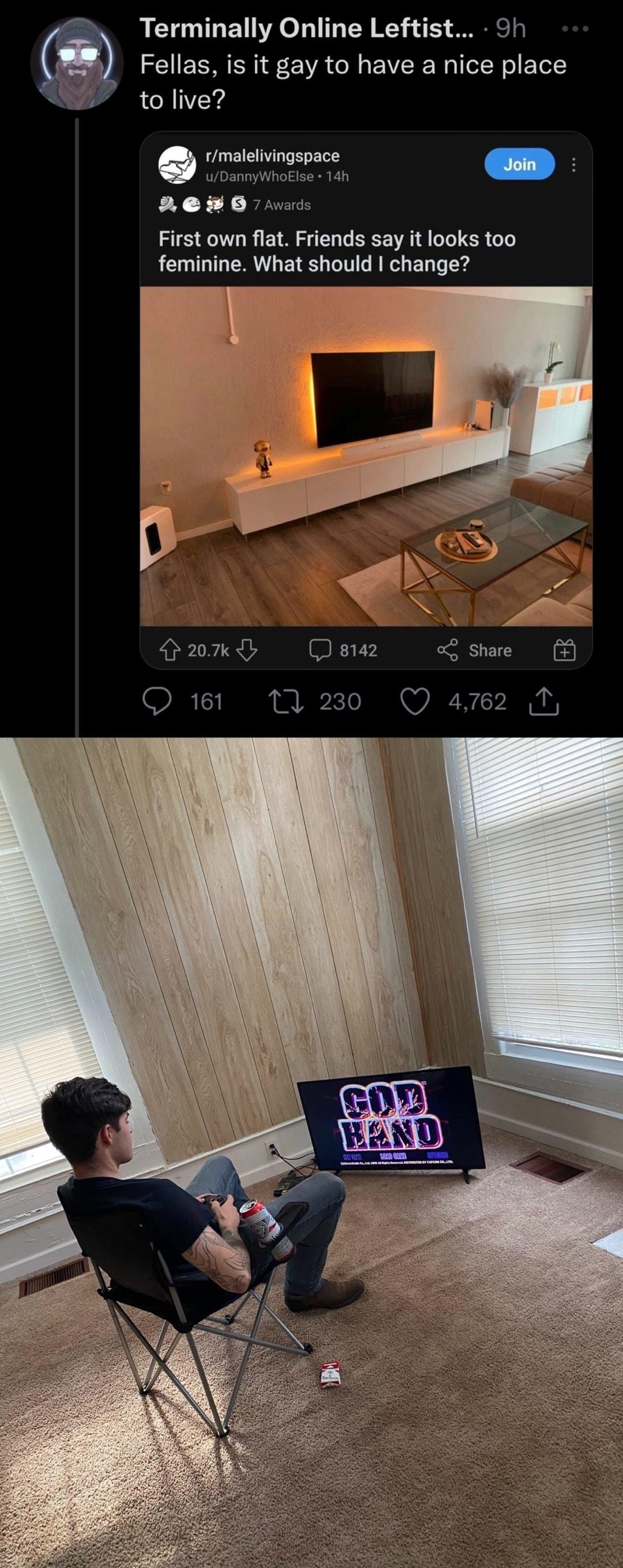 Terminally Online Leftist Sh Fellas is it gay to have a nice place to live rmalelivingspace First own flat Friends say it looks too feminine What should change