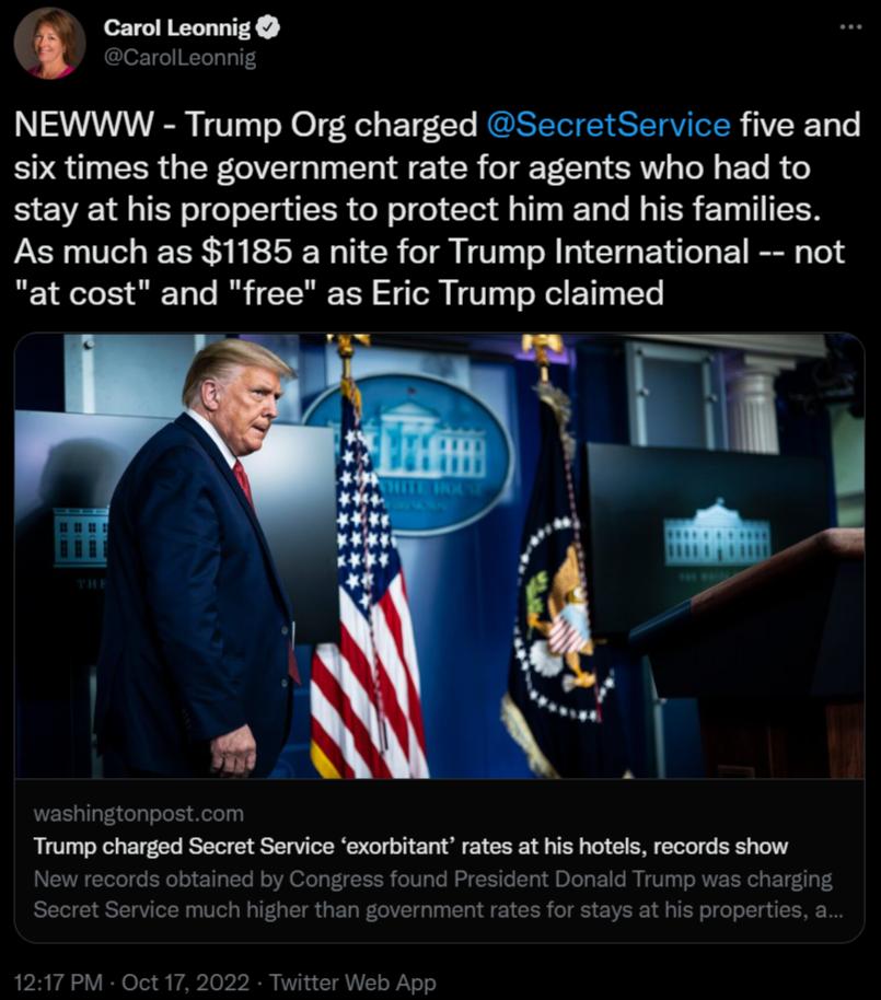 NEWWW Trump Org charged SecretService five and six times the government rate for agents who had to EEVE L TEF T EER G E T EL L TER ET TN As much as 1185 a nite for Trump International not at cost and free as Eric Trump claimed ashingtonpostcom Trump charged Secret Service exorbitantrates at his hotes records show Ne 1nd Prosident Donald Trump