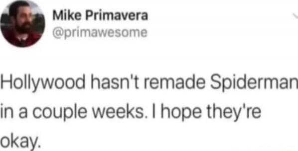 Hollywood hasn't remade Spiderman in a couple weeks. I hope they're okay.