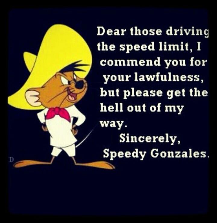 Dear those driving the speed limit, I commend you for your lawfulness, but please get the hell out of my way. Sincerely, Speedy Gonzales.