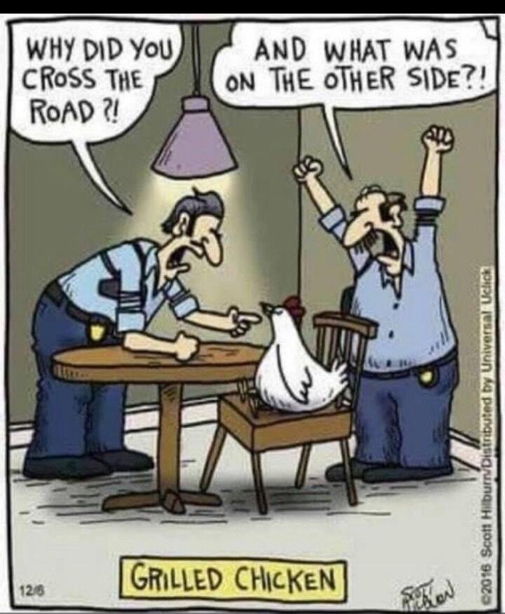 WHY DID YOU CROSS THE ROAD?! AND WHAT WAS ON THE OTHER SIDE?! GRILLED CHICKEN