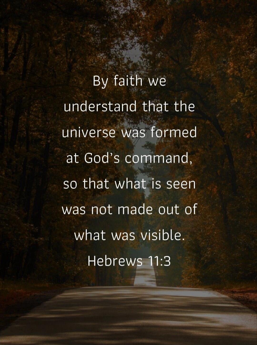 By faith we understand that the universe was formed at God’s command, so that what is seen was not made out of what was visible. Hebrews 11:3
