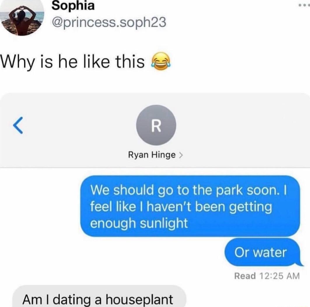 Sophia princesssoph23 Why is he like this Ryan Hinge VRS Tl e ReTo R el a 0 o 1 QTeTo s M feel like havent been getting enough sunlight Or water Read 1225 AM Am dating a houseplant