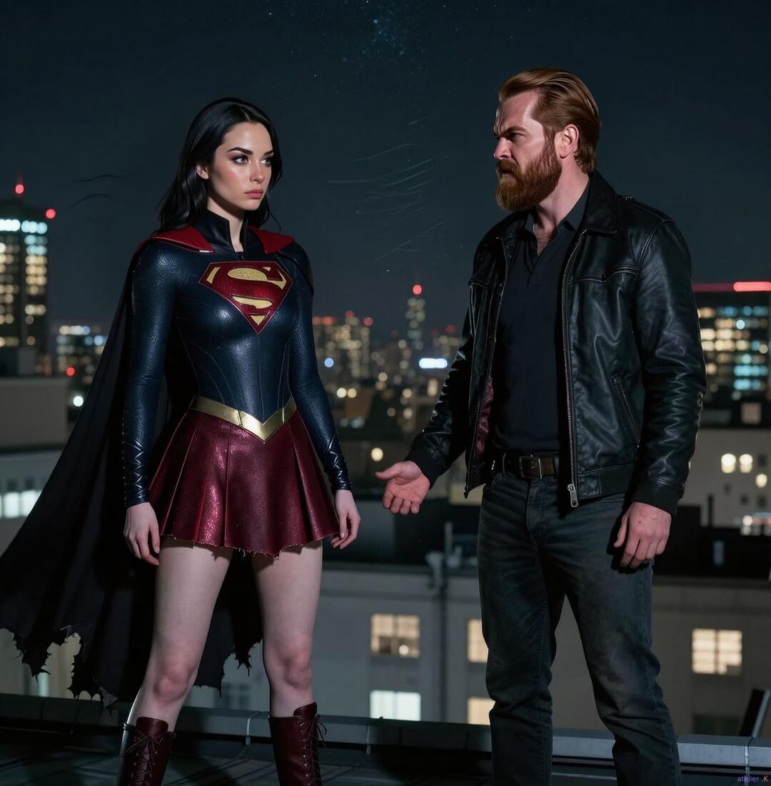 A woman dressed as Supergirl stands on a rooftop at night with a bearded man in a leather jacket, with a city skyline in the background. The man extends his hand towards her.