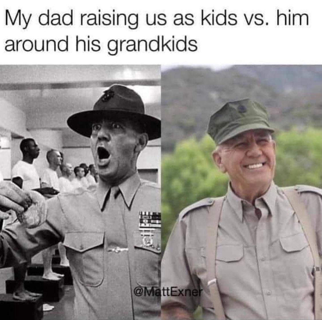 My dad raising us as kids vs him around his grandkids