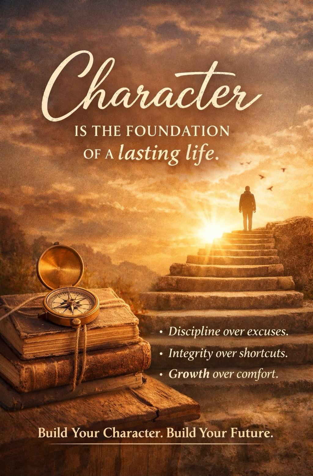 Character IS THE FOUNDATION OF A lasting life. Discipline over excuses. Integrity over shortcuts. Growth over comfort. Build Your Character. Build Your Future.