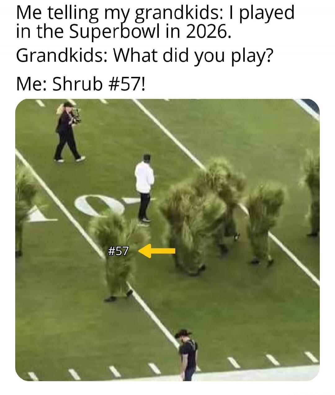 Me telling my grandkids: I played in the Superbowl in 2026. Grandkids: What did you play? Me: Shrub #57!