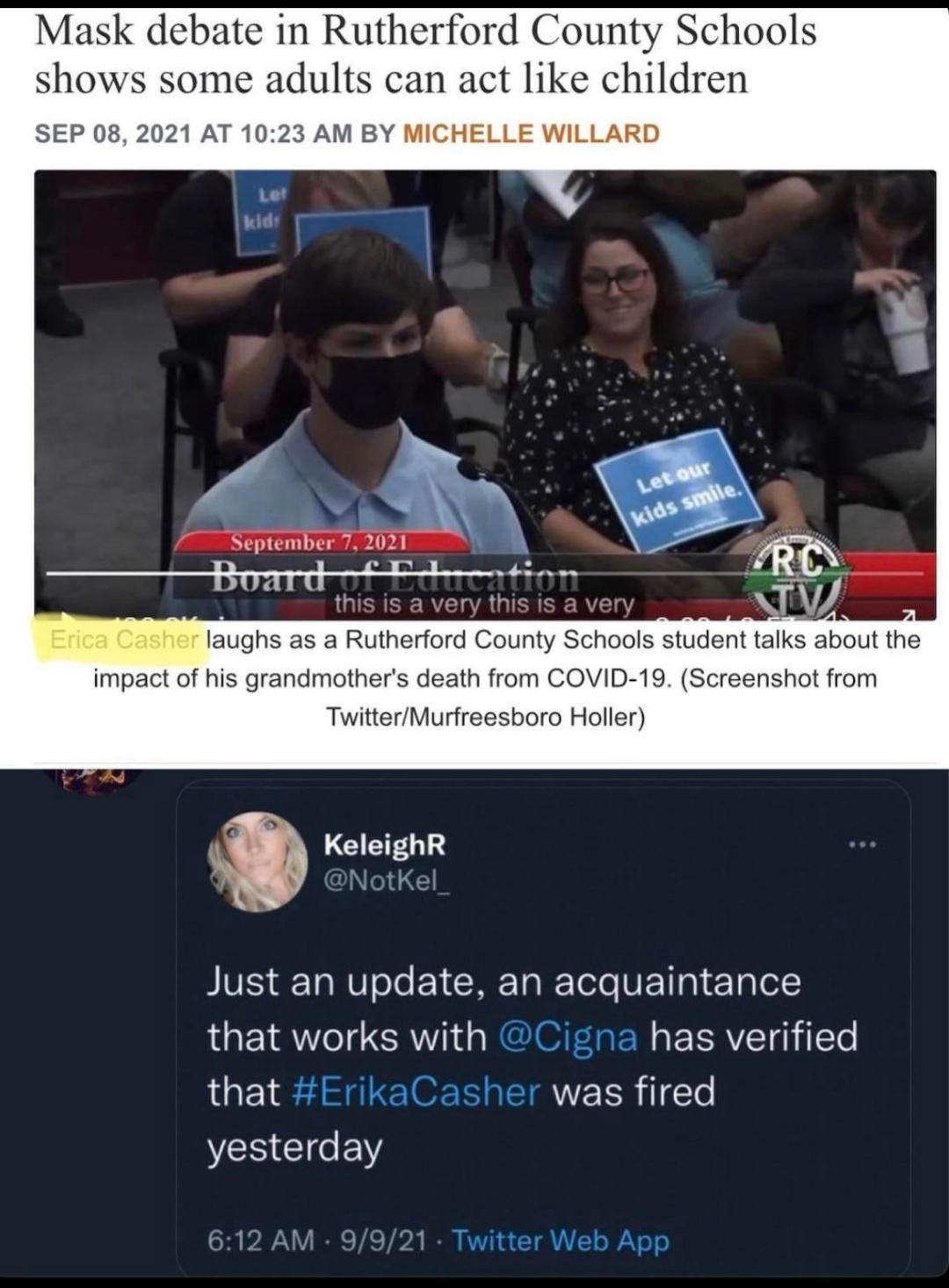 Mask debate in Rutherford County Schools shows some adults can act like children SEP 08 2021 AT 1023 AM BY MICHELLE WILLARD September 7 2021 P _ AN laughs as a Rutherford County Schools student talks about the impact of his grandmothers death from COVID 19 Screenshot from TwitterMurfreesboro Holler KeleighR Just an update an acquaintance that works with SR EAVETGTETe that ErikaC WEERIIEETe VERIGIe