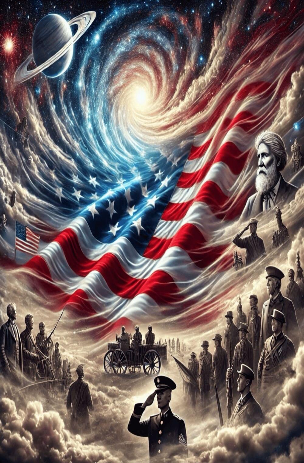 The image depicts a patriotic and cosmic scene. A large American flag is prominently displayed, waving majestically against a backdrop of a swirling galaxy and a planet resembling Saturn. Silhouettes of historical figures and soldiers are seen saluting, suggesting a commemoration of American history and military service. The overall impression is o