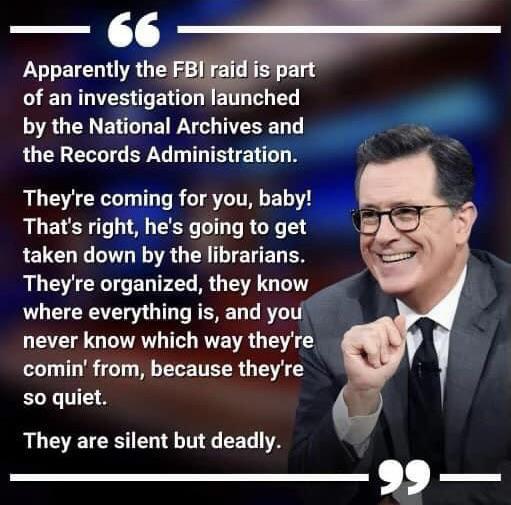 PVLEIENRG T 2 of an investigation launched by the National Archives and o the Records Administration Theyre coming for you baby Thats right hes going to get taken down by the librarians Theyre organized they know _ where everything is and you never know which way theyre comin from because theyre so quiet They are silent but deadly