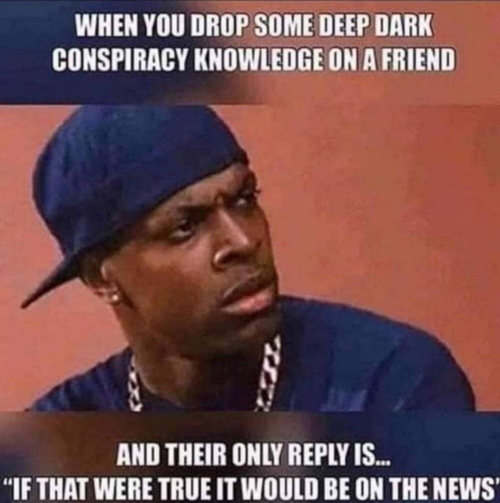 WHEN YOU DROP SOME DEEP DARK CONSPIRACY KNOWLEDGE ON A FRIEND AND THEIR ONLY REPLY IS... 'IF THAT WERE TRUE IT WOULD BE ON THE NEWS'