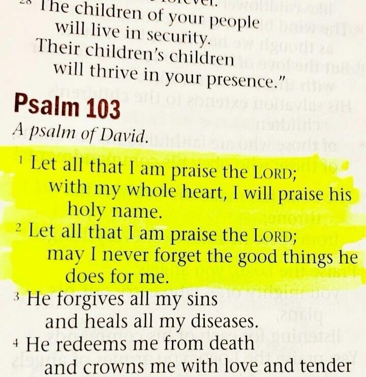 The children of your people will live in security. Their children's children will thrive in your presence. Psalm 103 A psalm of David. 1 Let all that I am praise the LORD; with my whole heart, I will praise his holy name. 2 Let all that I am praise the LORD; may I never forget the good things he does for me. 3 He forgives all my sins and heals all 