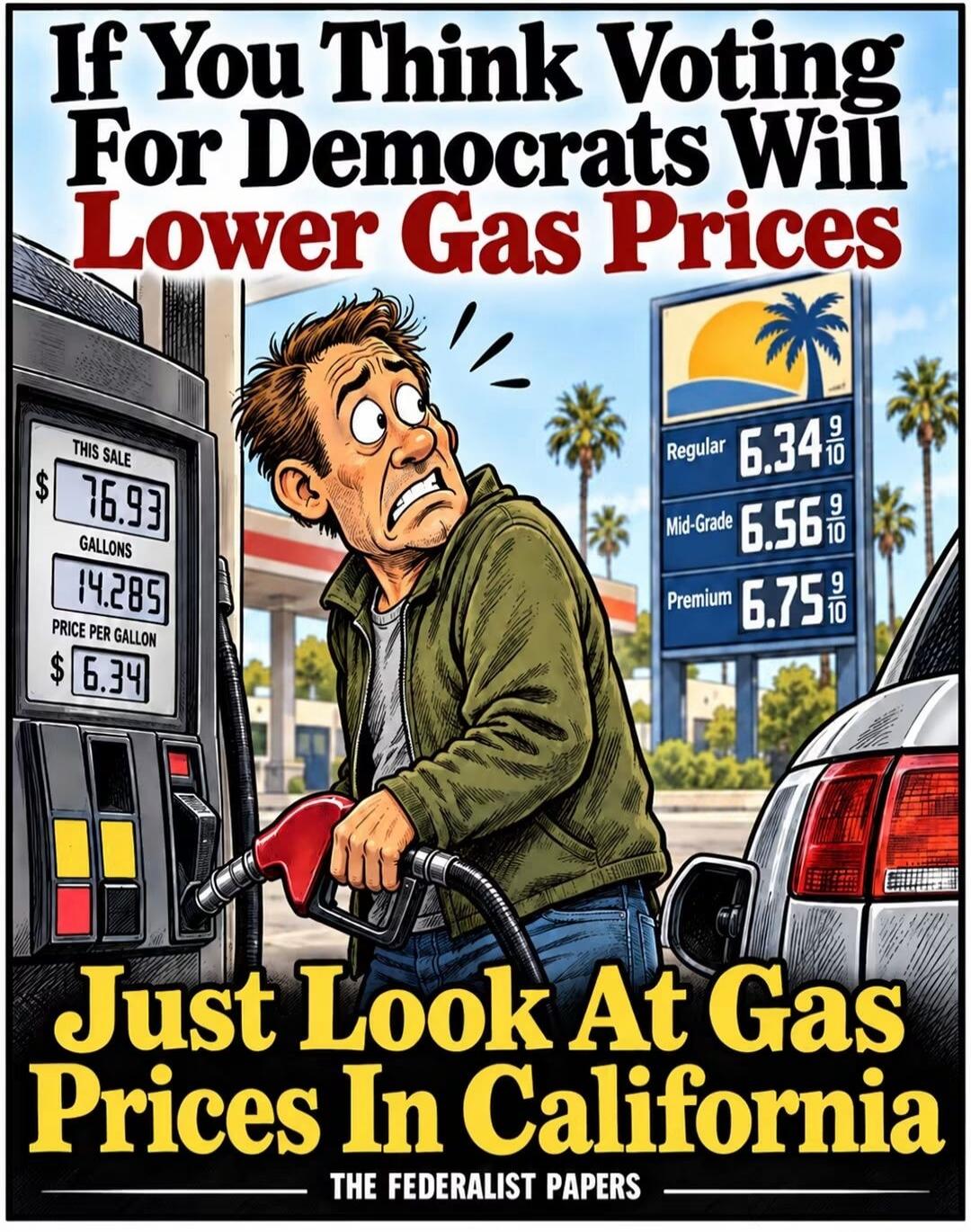 If You Think Voting For Democrats Will Lower Gas Prices, Just Look At Gas Prices In California. This Sale $76.93, Gallons 14.285, Price Per Gallon $6.34. Regular 6.34 9/10, Mid-Grade 6.56 9/10, Premium 6.75 9/10. The Federalist Papers.