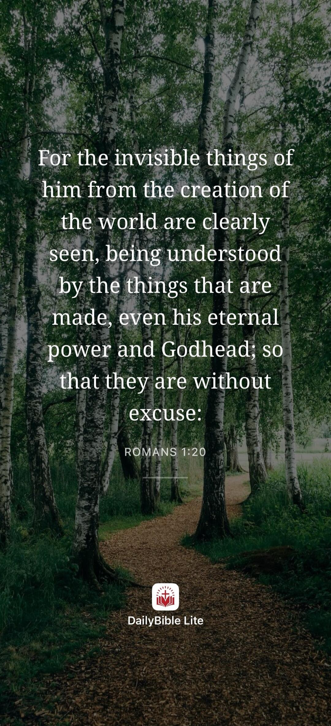 For the invisible things of him from the creation of the world are clearly seen, being understood by the things that are made, even his eternal power and Godhead; so that they are without excuse: ROMANS 1:20 DailyBible Lite
